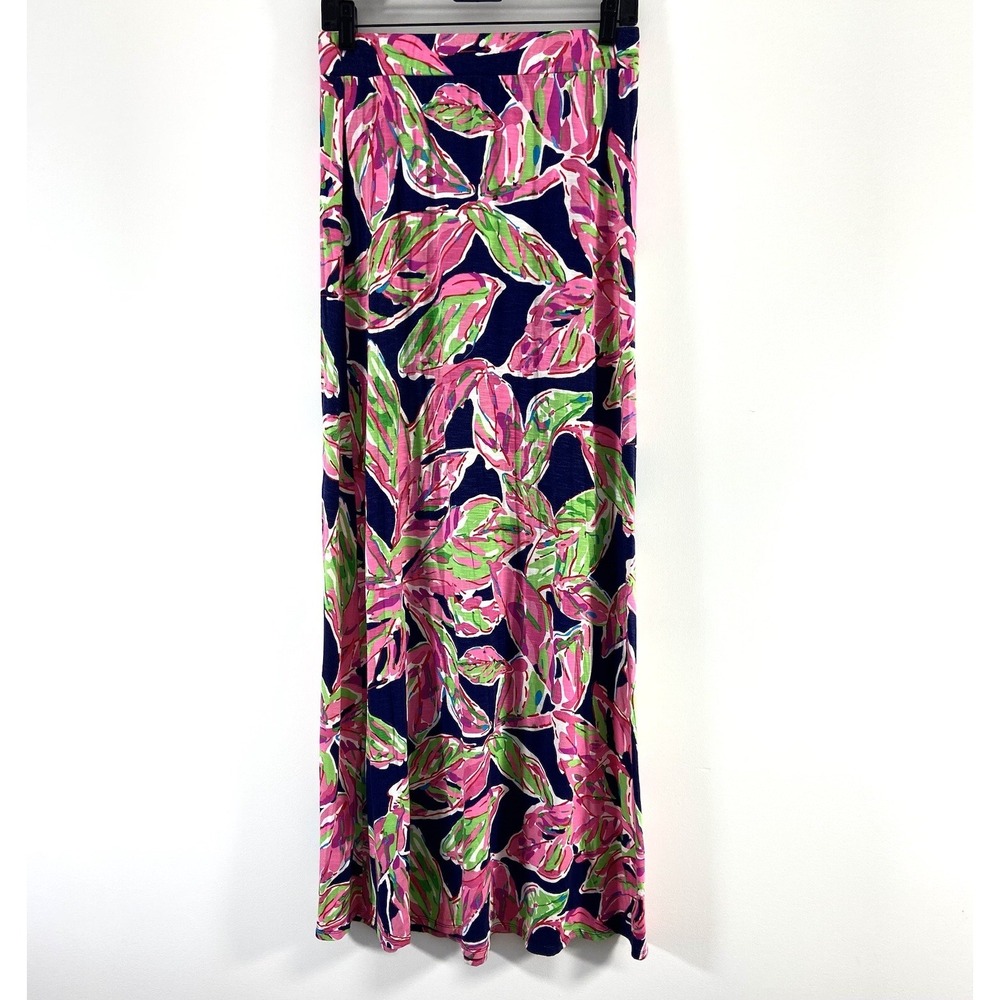 Lilly Pulitzer Marni Maxi Skirt Women's S Blue Pink Elastic Waist Palm Leaves